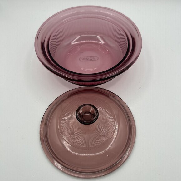 Corning Visionware CRANBERRY Ribbed 750mL Baking Lidded Casserole Cookware 90s - Picture 4 of 9